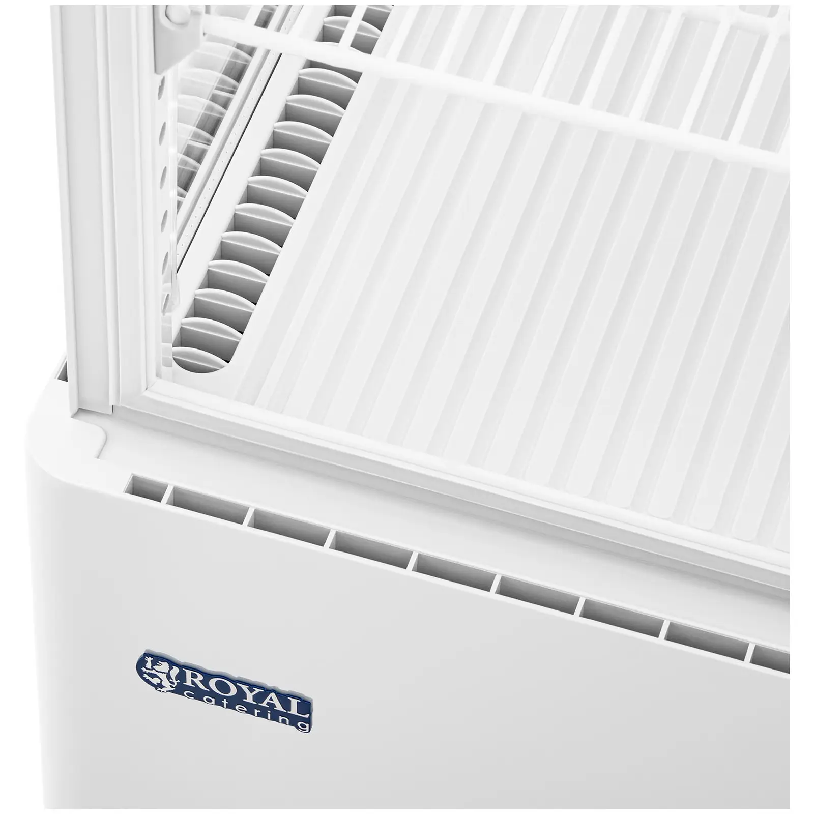 Chladicí vitrína - 58 l - Royal Catering - 3 úrovně - bílá - uzamykatelná (AEC (roční spotřeba energie) [kWh]: 986)