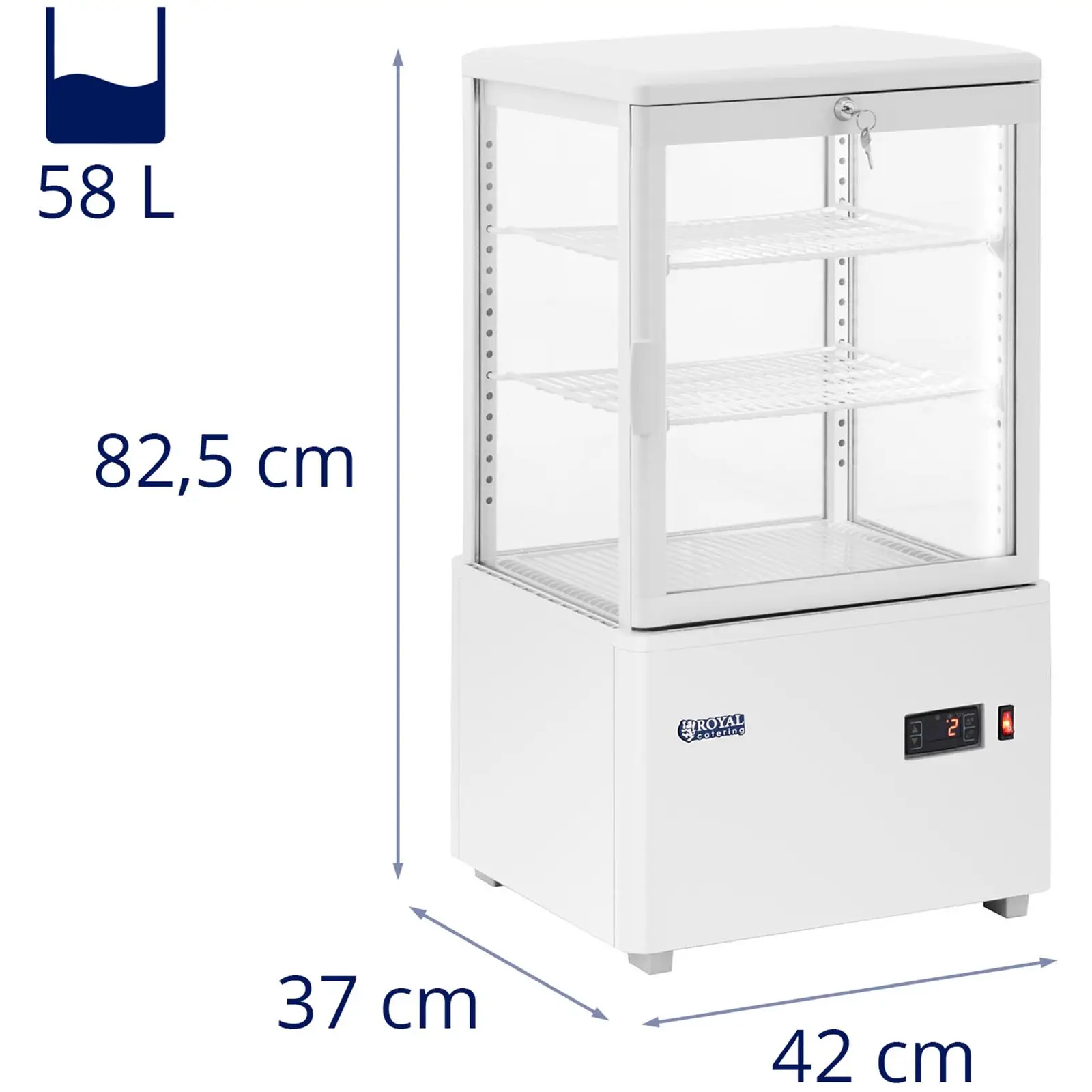 Chladicí vitrína - 58 l - Royal Catering - 3 úrovně - bílá - uzamykatelná (Třída energetického průkazu: B)