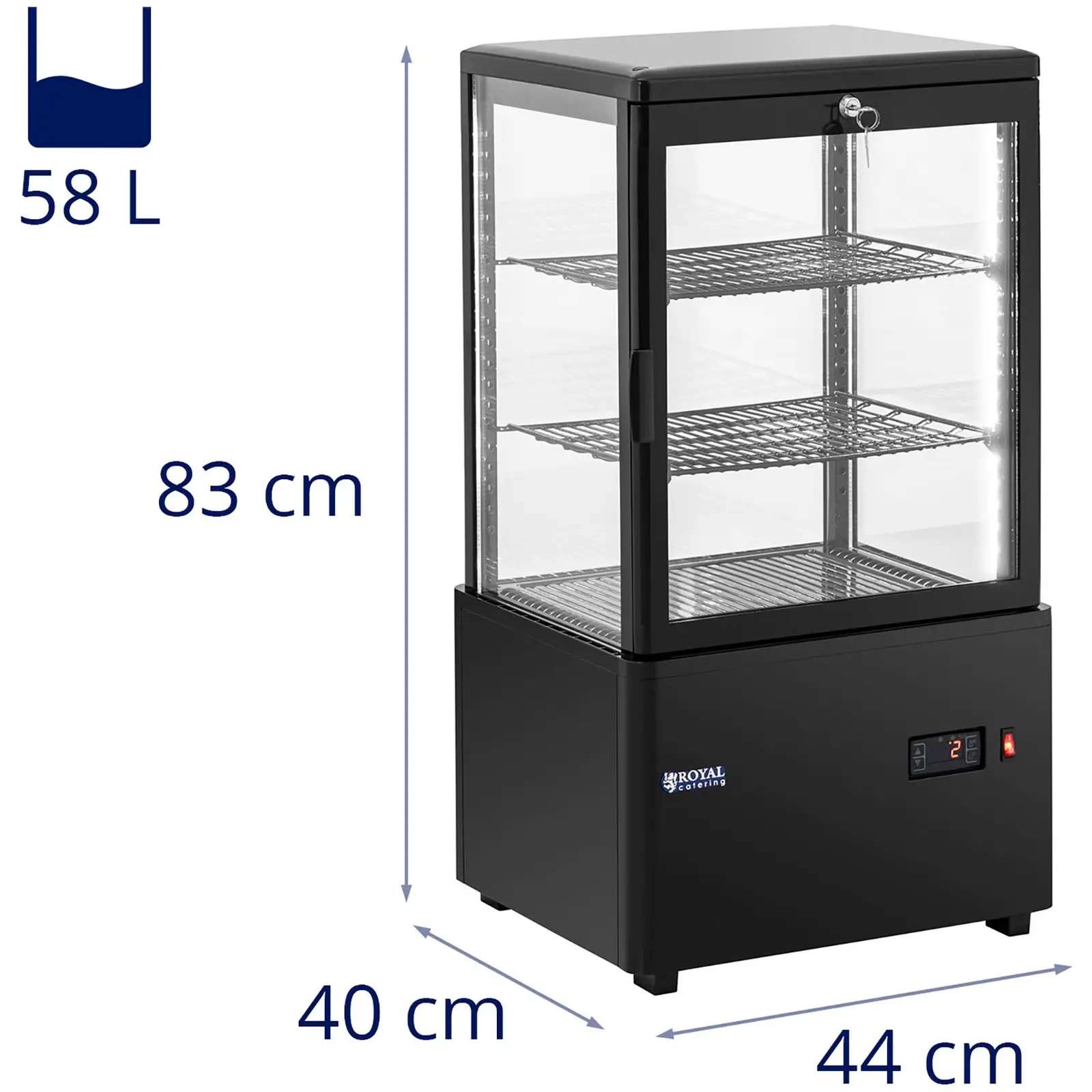 Vitrine réfrigérée - 58 l - Royal Catering - 3 niveaux - Noir - Verrouillable (Tension [V]: 230)