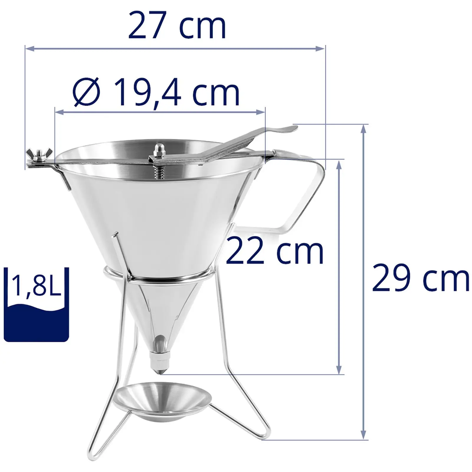 Plnicí trychtýř - 1,8 l - ušlechtilá ocel - 3 plnicí špičky - stojan se záchytnou miskou (Velikost trysek [mm]: 4, 5, 6)