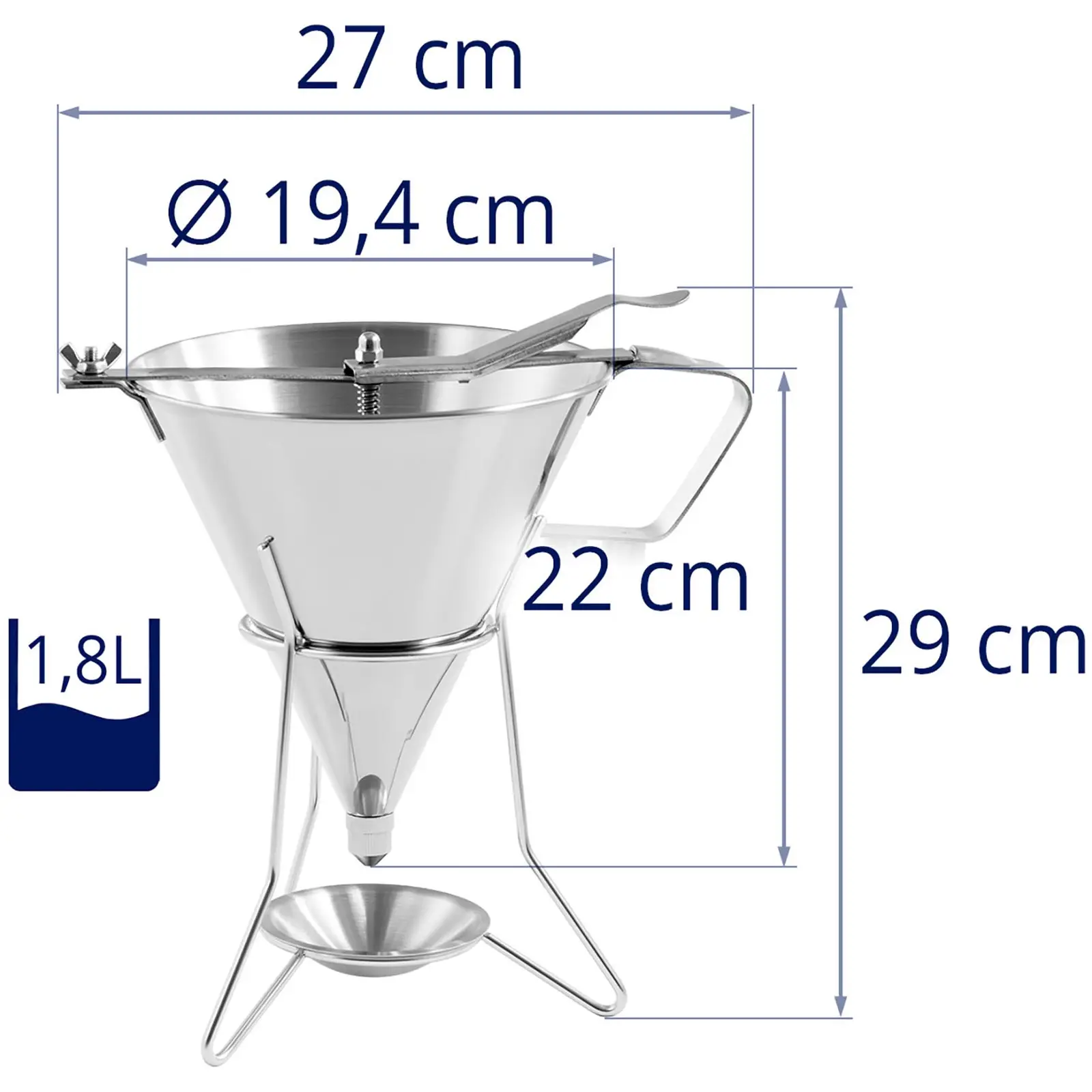 Filling funnel - 1.8 L - stainless steel - 3 filling tips - stand with collecting tray