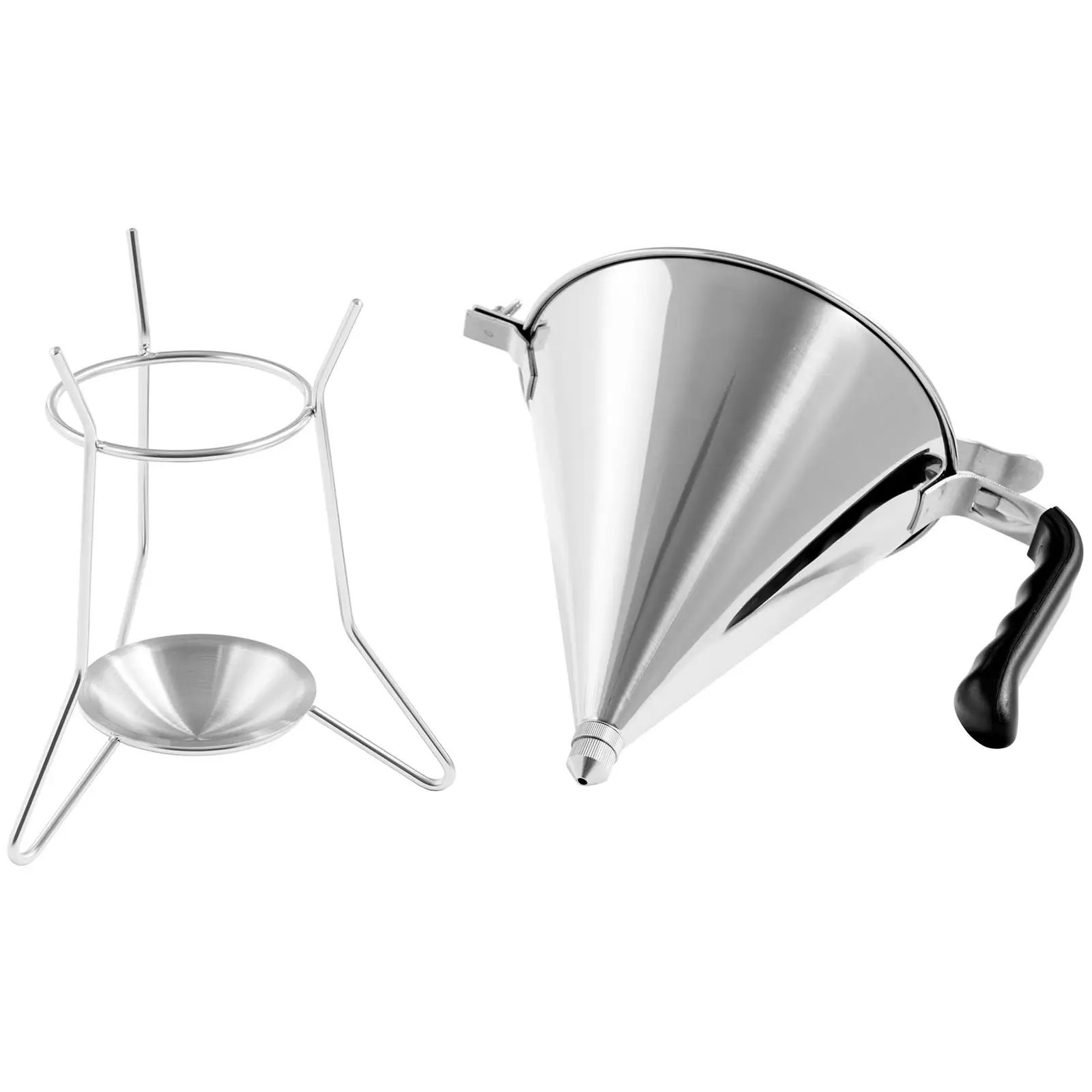 Entonnoir à piston - 1,8 l - Acier inoxydable - 3 douilles - Support avec coupelle antigoutte (Dimensions [mm]: 194 x 194 x 220)