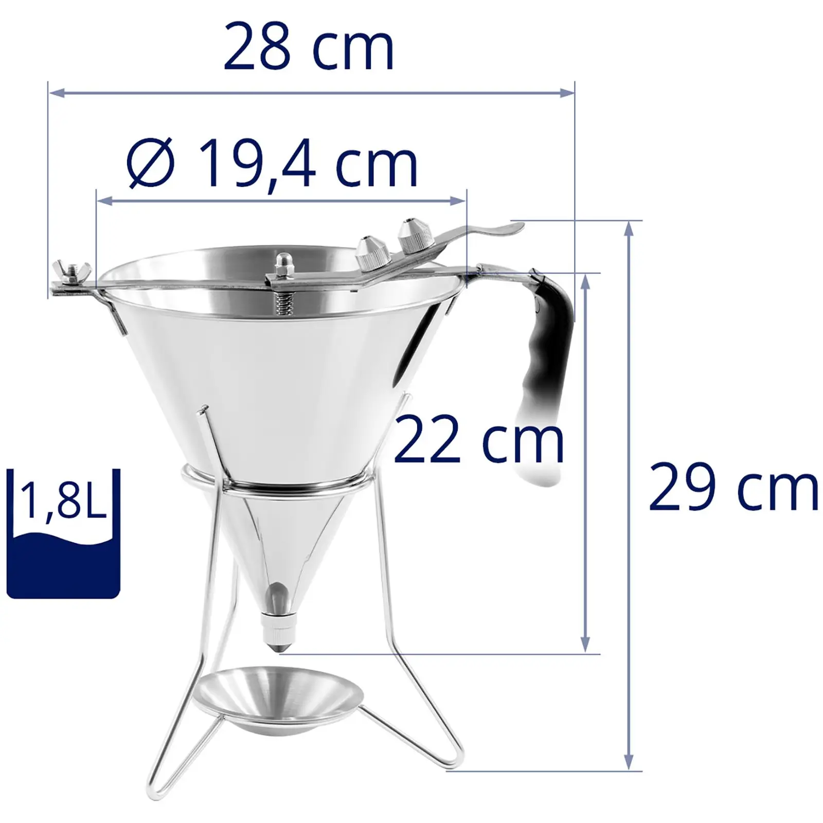 Entonnoir à piston - 1,8 l - Acier inoxydable - 3 douilles - Support avec coupelle antigoutte (Taille de buse [mm]: 4, 5, 6)