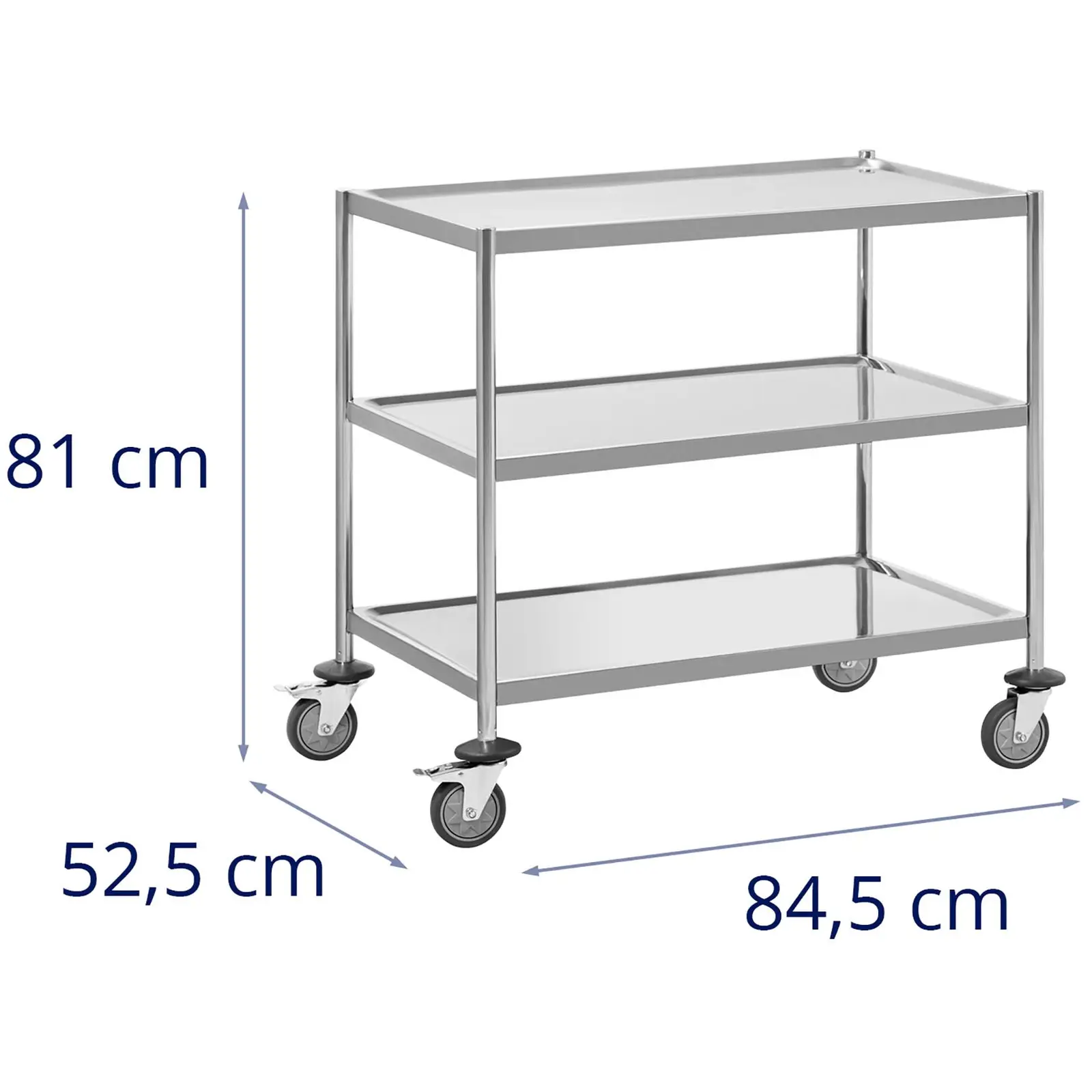 Tarjoiluvaunu - ruostumaton teräs - 3 tasoa - tasot: 82 x 50 cm - 300 kg - Royal Catering (Pyörien lukumäärä: 4 Pc)