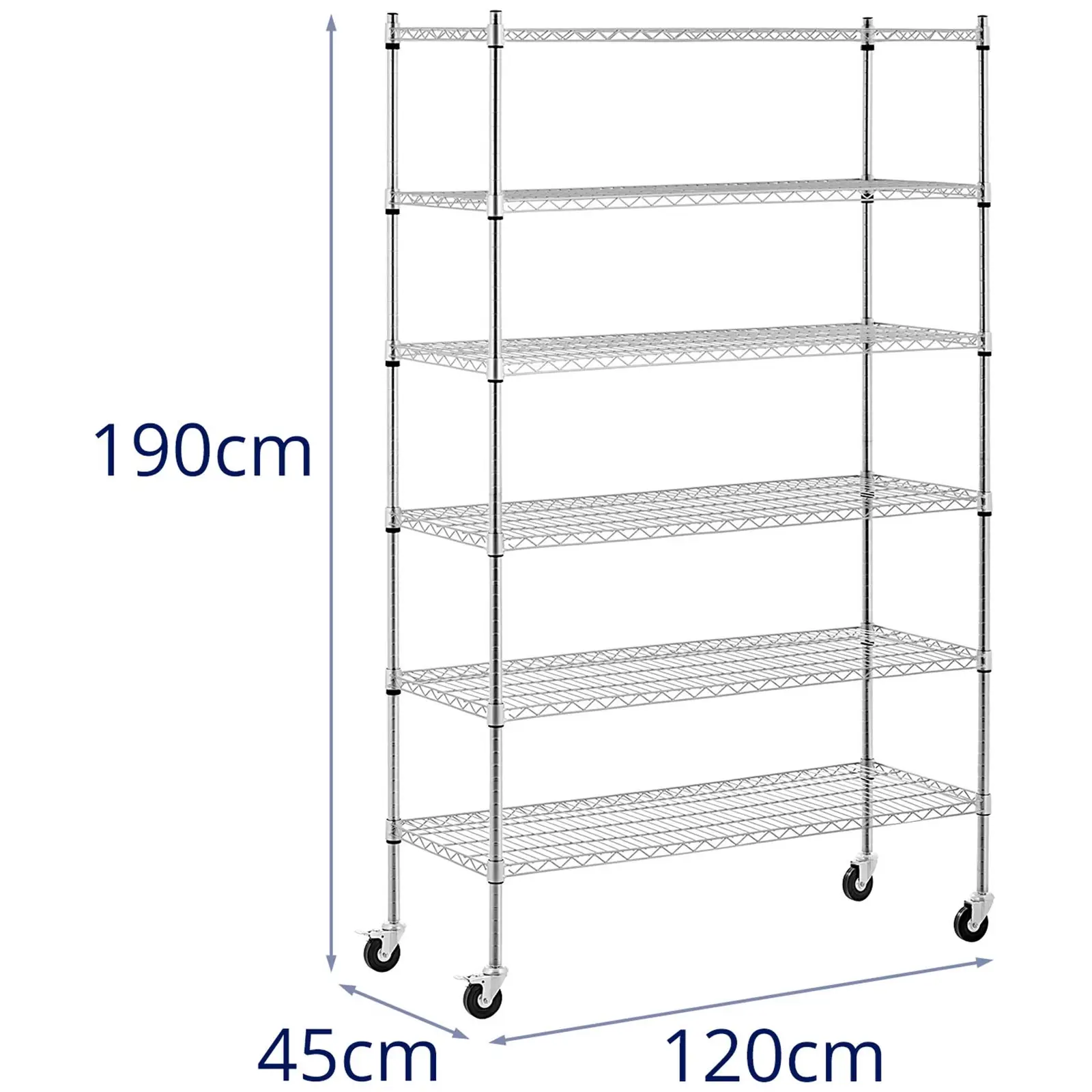 Étagère métallique - 120 x 45 x 190 - 90 kg - 4 roulettes - Royal Catering (Charge max. tablette du haut: 15 kg)
