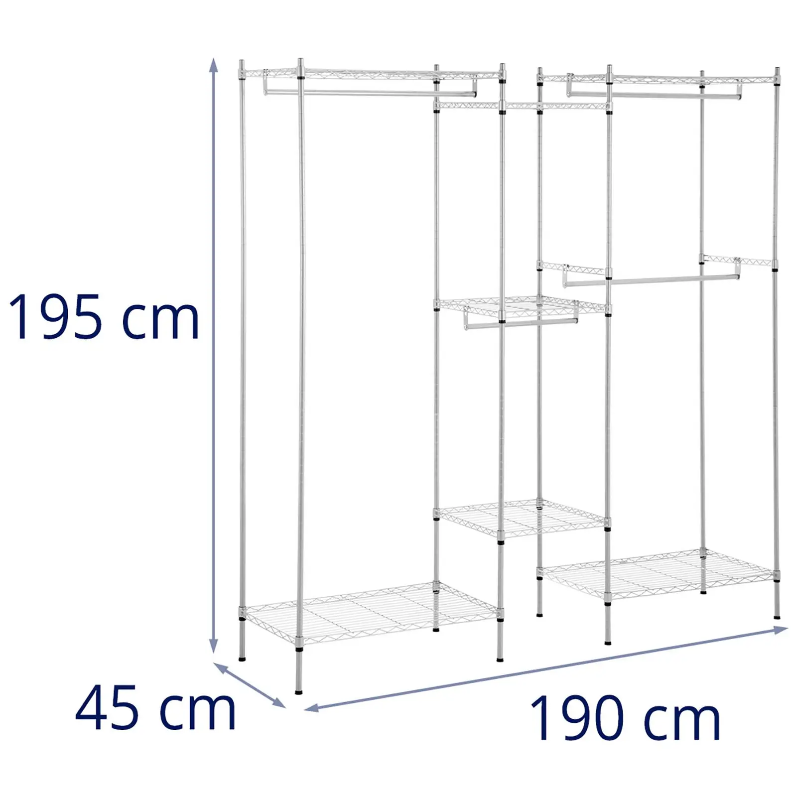 Kovový šatní stojan - 189 x 45 x 196 cm - 210 kg - Royal Catering (Zatížení horní police: 30 kg)