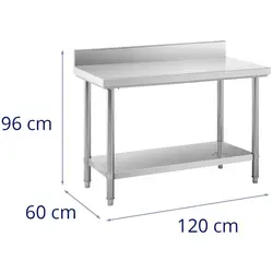 Stainless Steel Work Table - 120 x 60 cm - upstand - 198 kg load capacity - Royal Catering