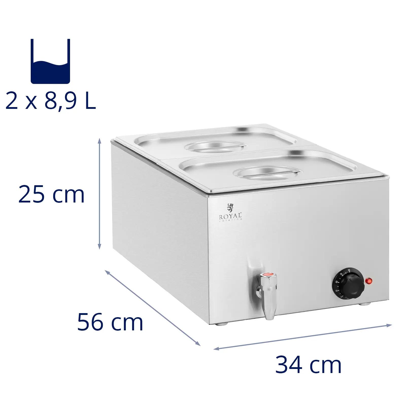 Bain Marie - 600 W - 2 GN 1/2 - vypouštěcí kohout (Barva: Stříbrná)