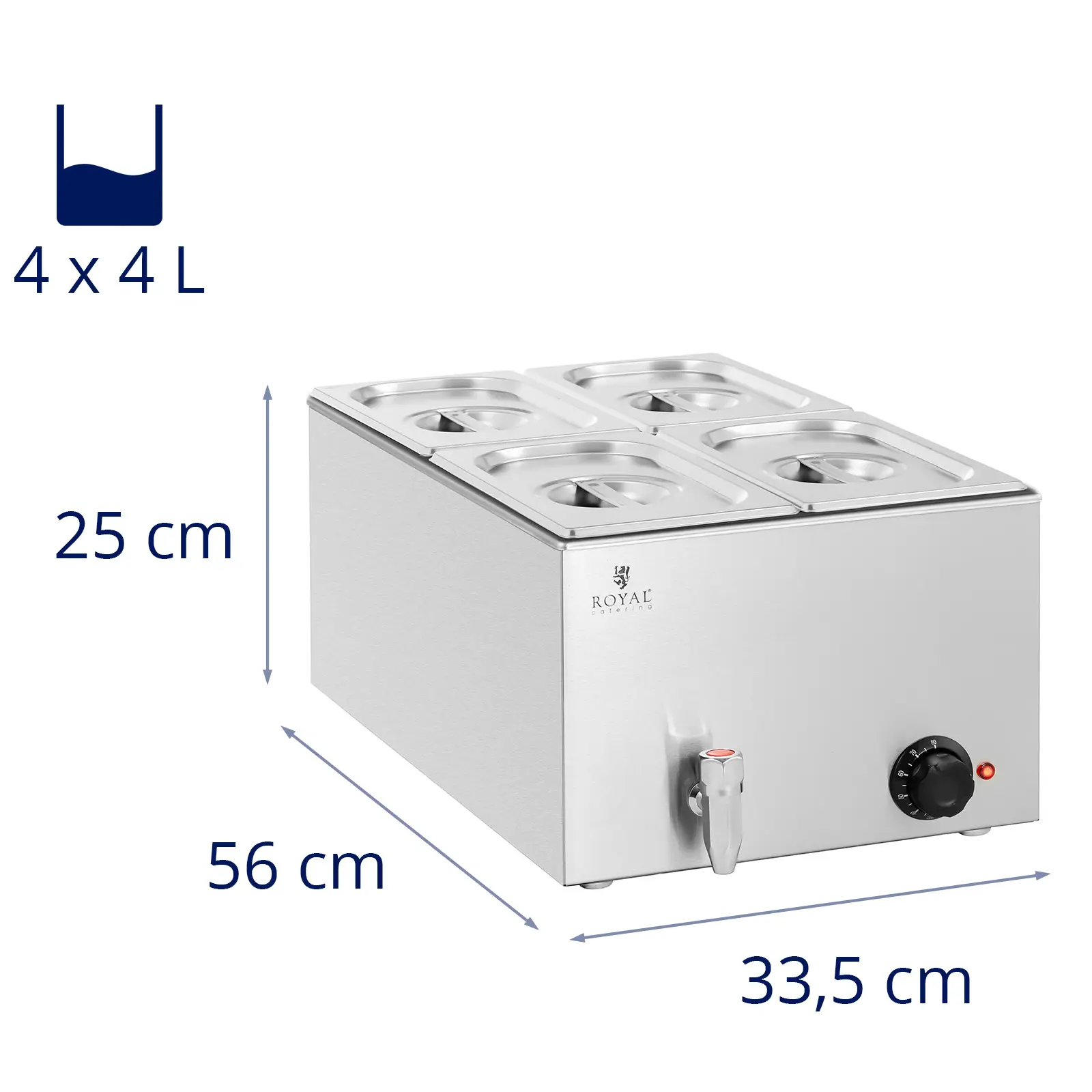 Bain Marie - 600 W - 4 GN 1/4 - vypouštěcí kohout (Barva: Stříbrná)