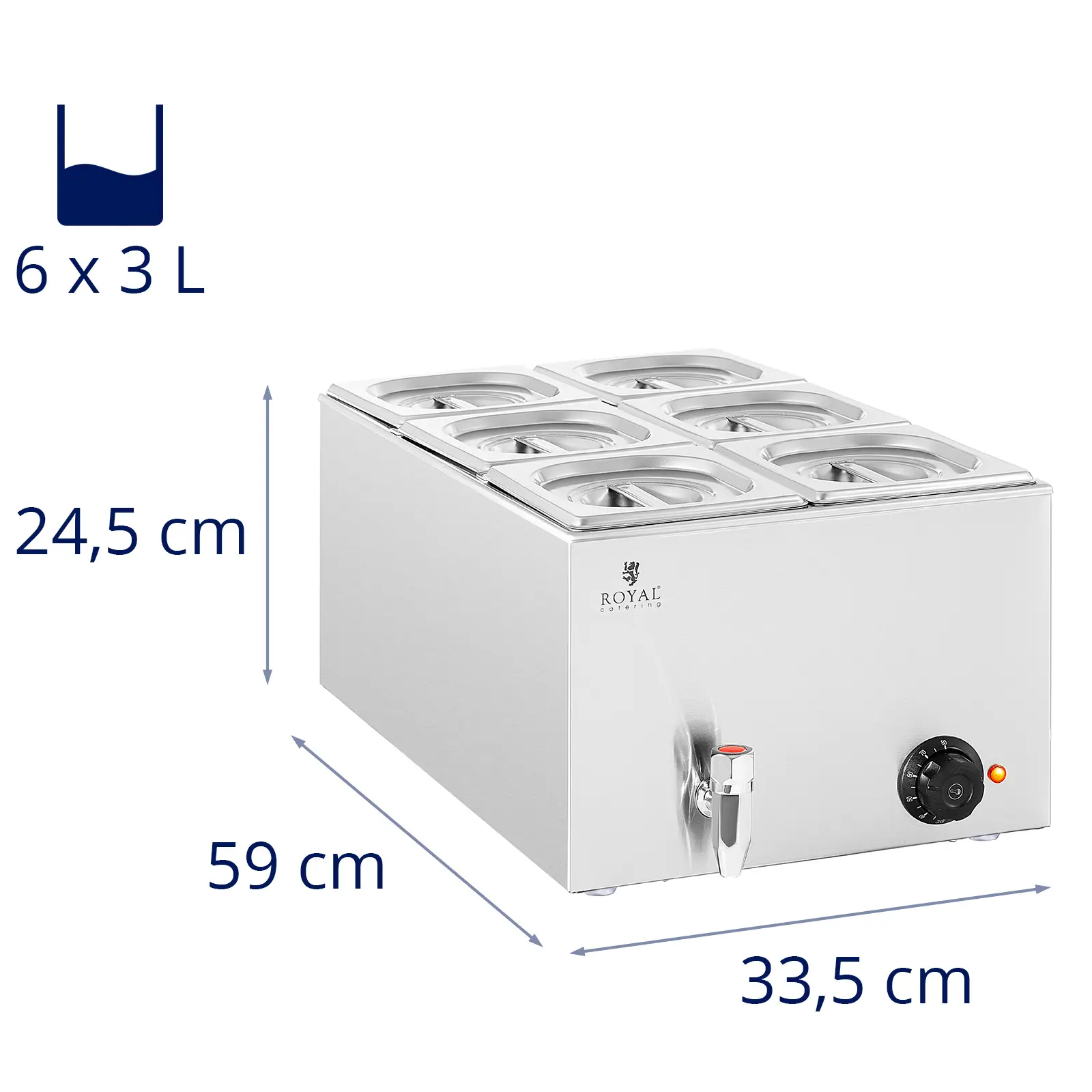 Bain Marie - 600 W - 6 GN 1/6 - vypouštěcí kohout (Barva: Stříbrná)