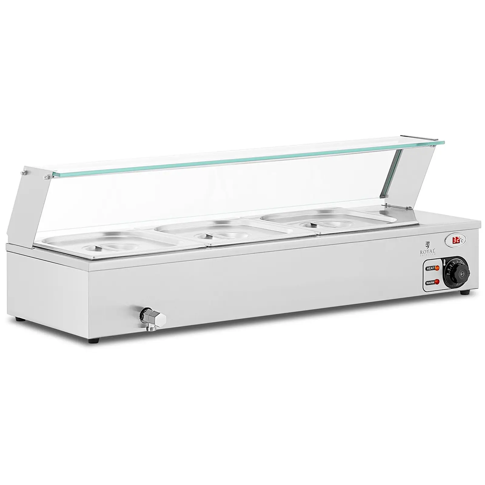 Bain marie - 2,000 W - 3 GN 1/2 - leeresztőcsap - üvegfedél