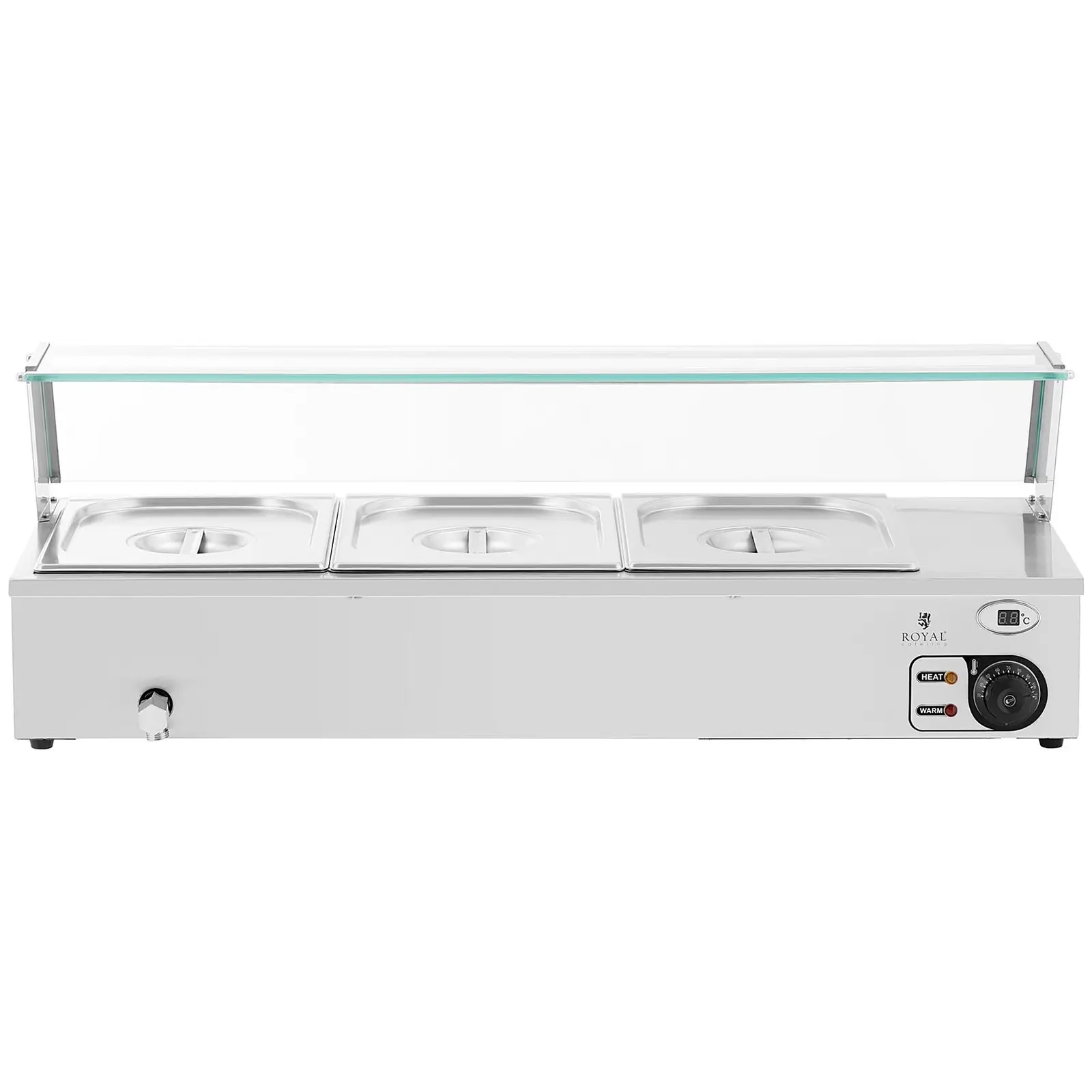 Baño maría - 2,000 W - 3 GN 1/2 - Grifo de vaciado - Vidrio protector