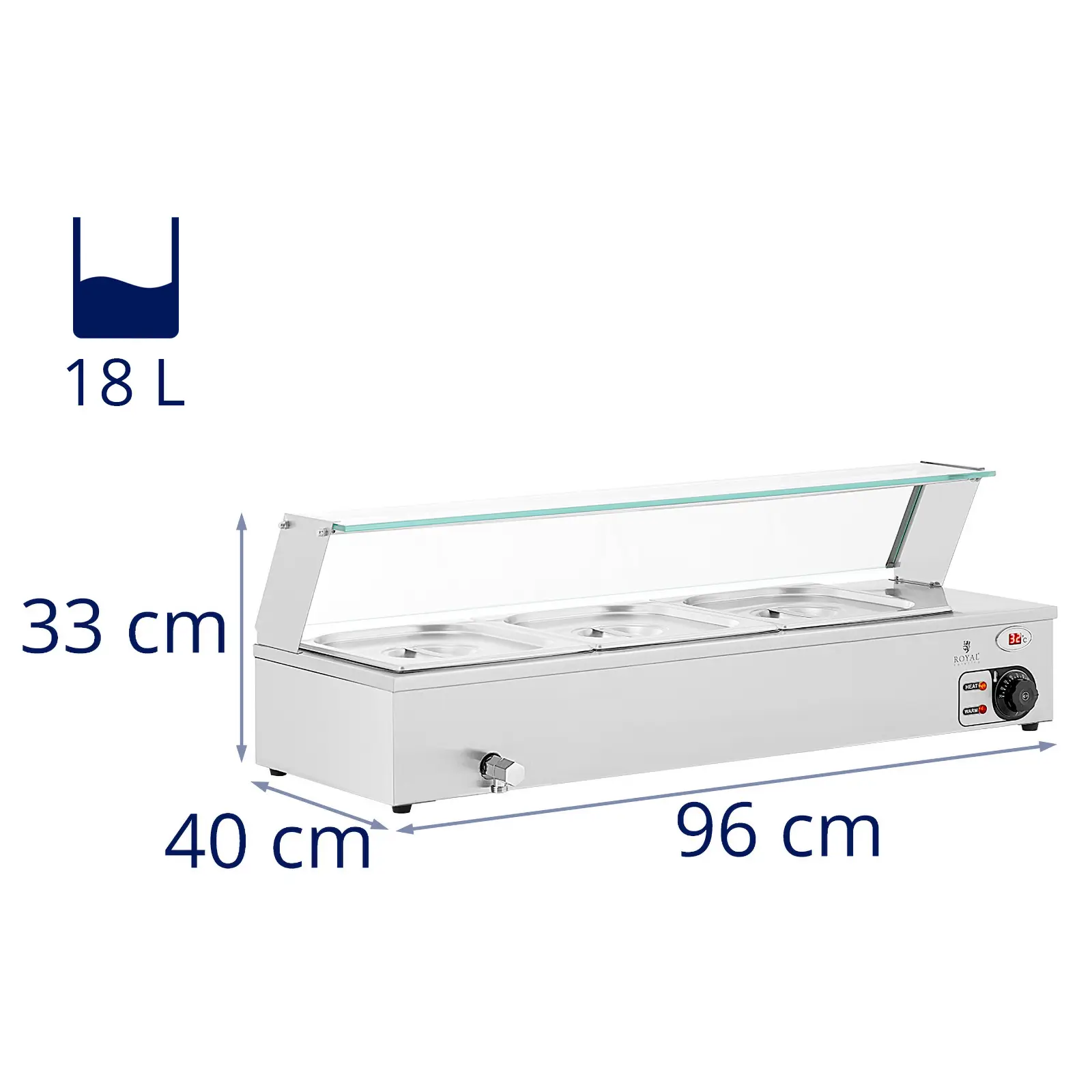 Bain Marie - 2000 W - 3 GN 1/2 - vypouštěcí kohout - skleněná ochrana (Materiál: Ušlechtilá ocel)