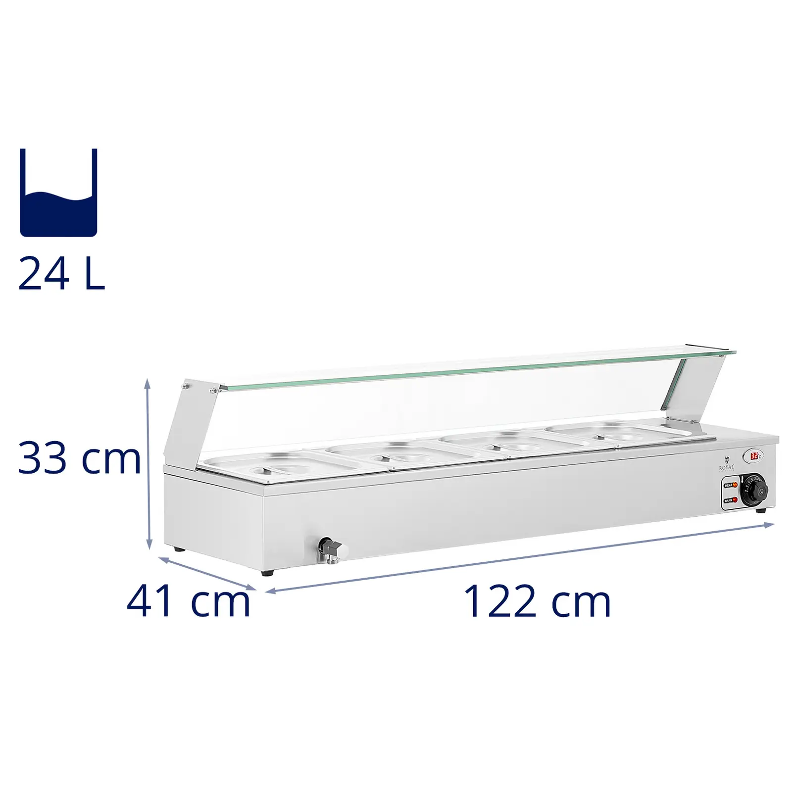 Bain Marie - 4 GN 1/2 - vypouštěcí kohout - skleněná ochrana (Materiál: Ušlechtilá ocel)