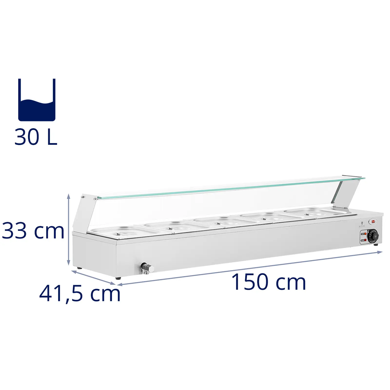 Bain Marie - 2000 W - 5 GN 1/2 - vypouštěcí kohout - skleněná ochrana (Materiál: Ušlechtilá ocel)