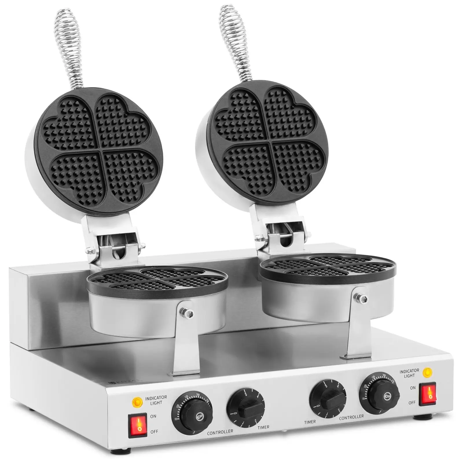 Dupla gofrisütő - szív alakú - 2 x 1000 W - 0–5 perc perc időzítő - Royal Catering - Kép a termékről
