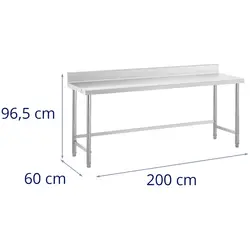 Rozsdamentes acél asztal - 200 x 60 cm - hátsó perem - terhelhetőség: 95 kg - Royal Catering