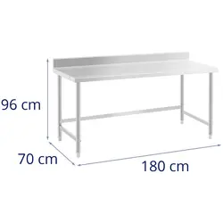 Rozsdamentes acél asztal - 180 x 70 cm - hátsó perem - terhelhetőség: 96 kg - Royal Catering