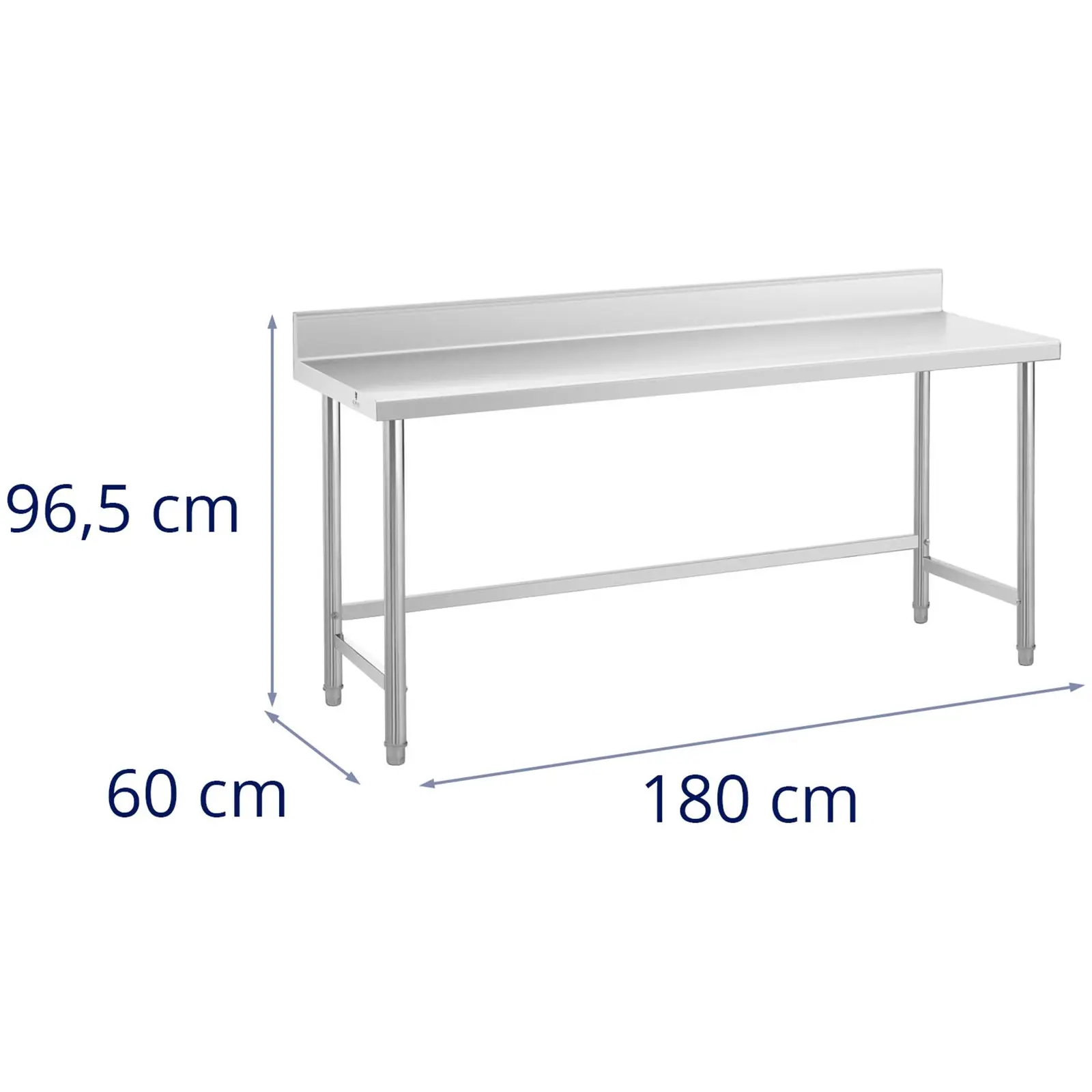 Rozsdamentes acél asztal - 180 x 60 cm - hátsó perem - terhelhetőség: 95 kg - Royal Catering