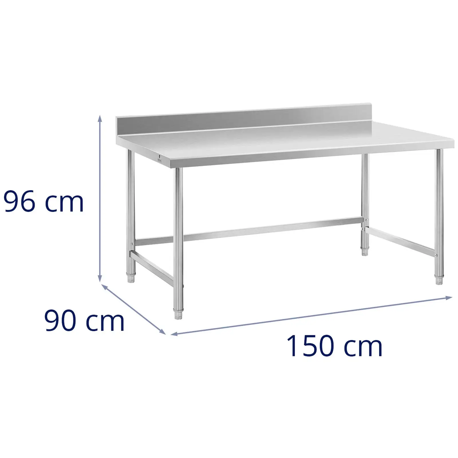Rozsdamentes acél asztal - 150 x 90 cm - hátsó perem - terhelhetőség: 95 kg - Royal Catering