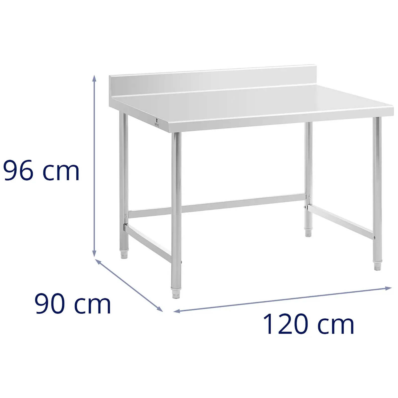 Rozsdamentes acél asztal - 120 x 90 cm - hátsó perem - terhelhetőség: 95 kg - Royal Catering