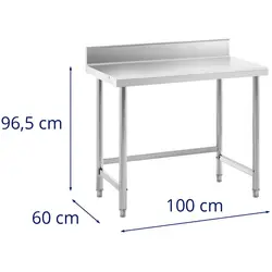 Rozsdamentes acél asztal - 100 x 60 cm - hátsó perem - terhelhetőség: 90 kg - Royal Catering