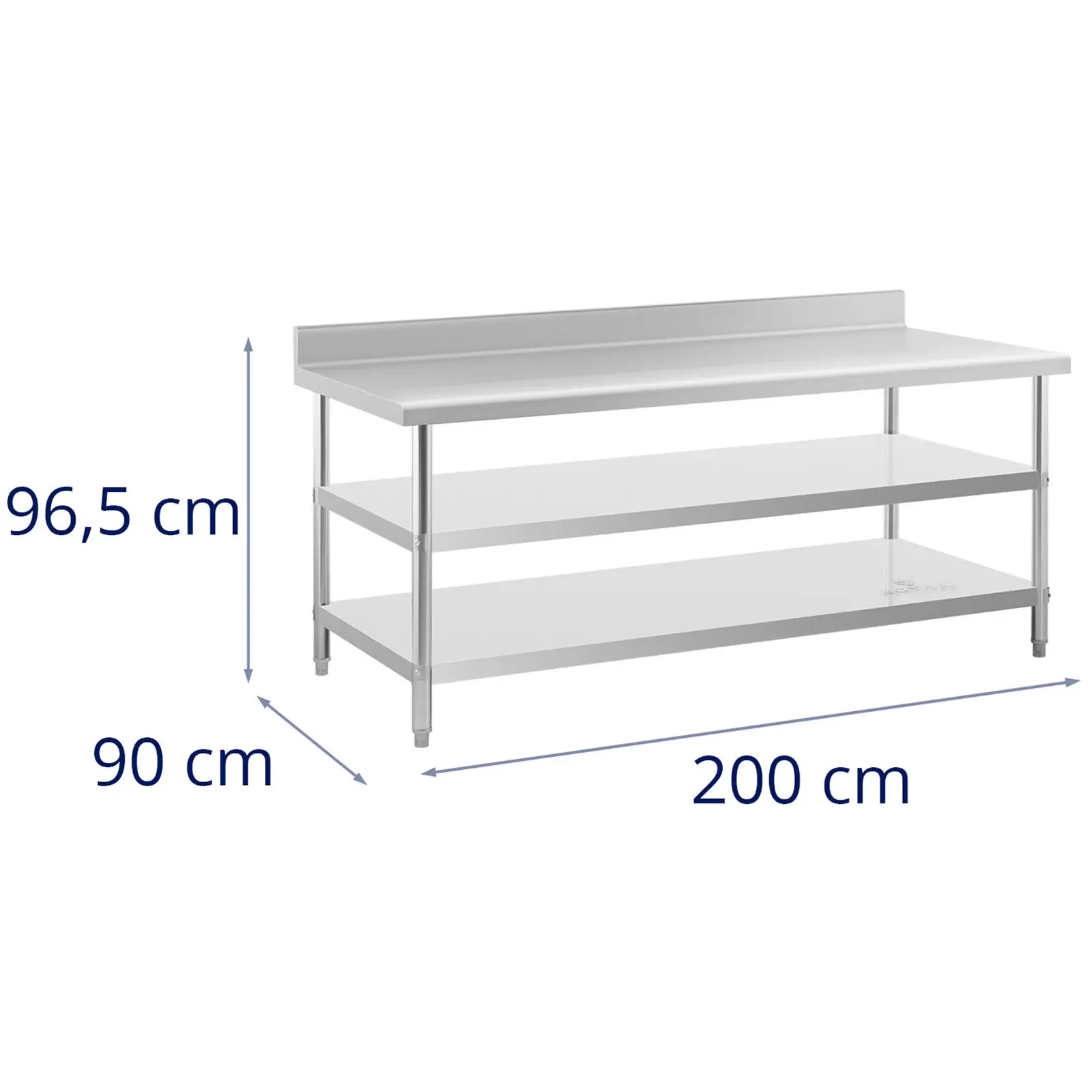 Pracovní stůl z ušlechtilé oceli - ECO - 200 x 90 cm - 240 kg - mezipolice - Royal Catering (Maximální odolnost dolní police: 50 kg)