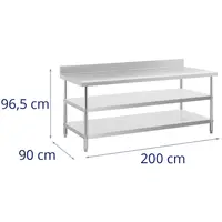 Stainless steel table with backsplash - 200 x 90 x 16.5 cm - 240 kg - 2 shelves - Royal Catering