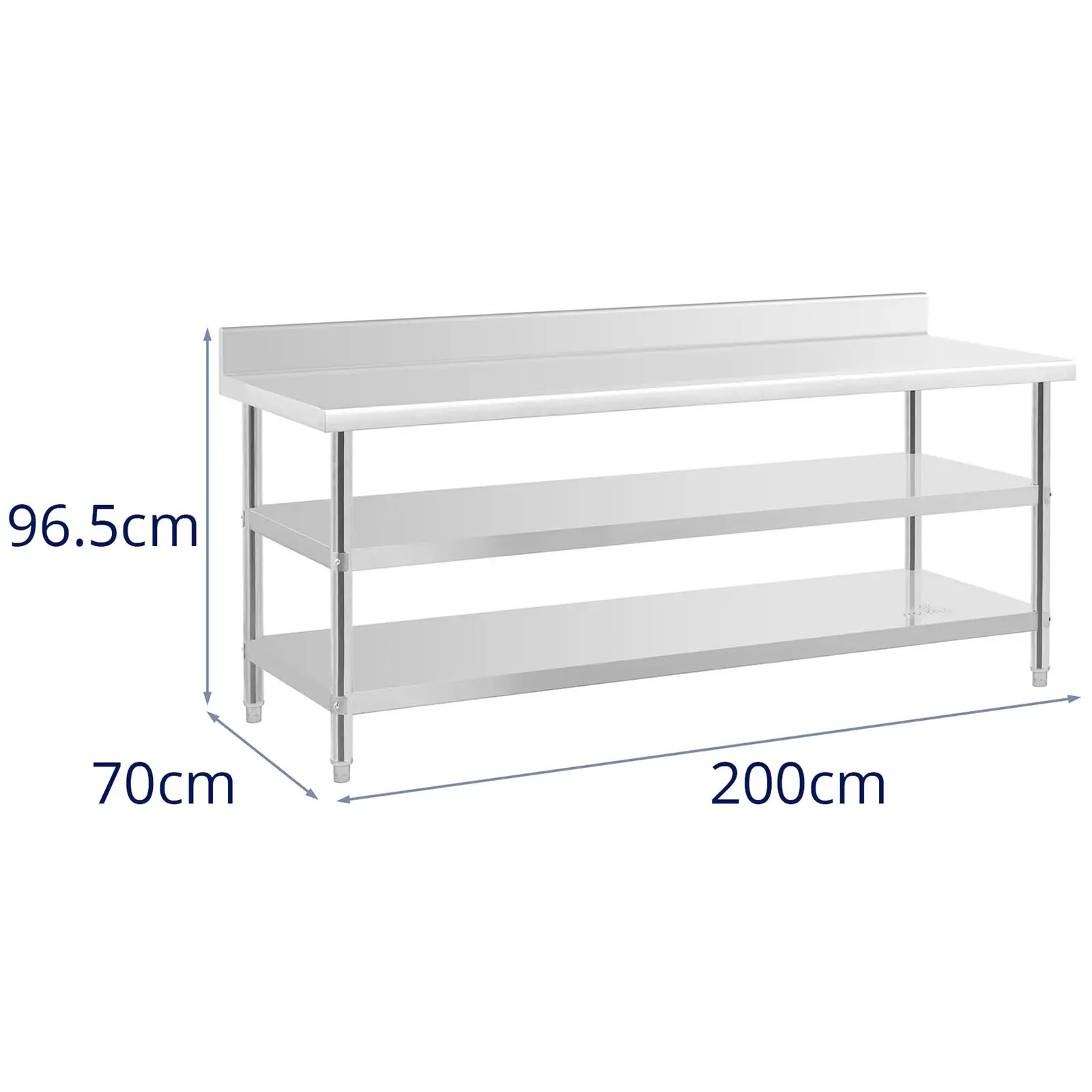 Pracovní stůl z ušlechtilé oceli s lemem - 200 x 70 x 16.5 cm - 235 kg - 2 police - Royal Catering