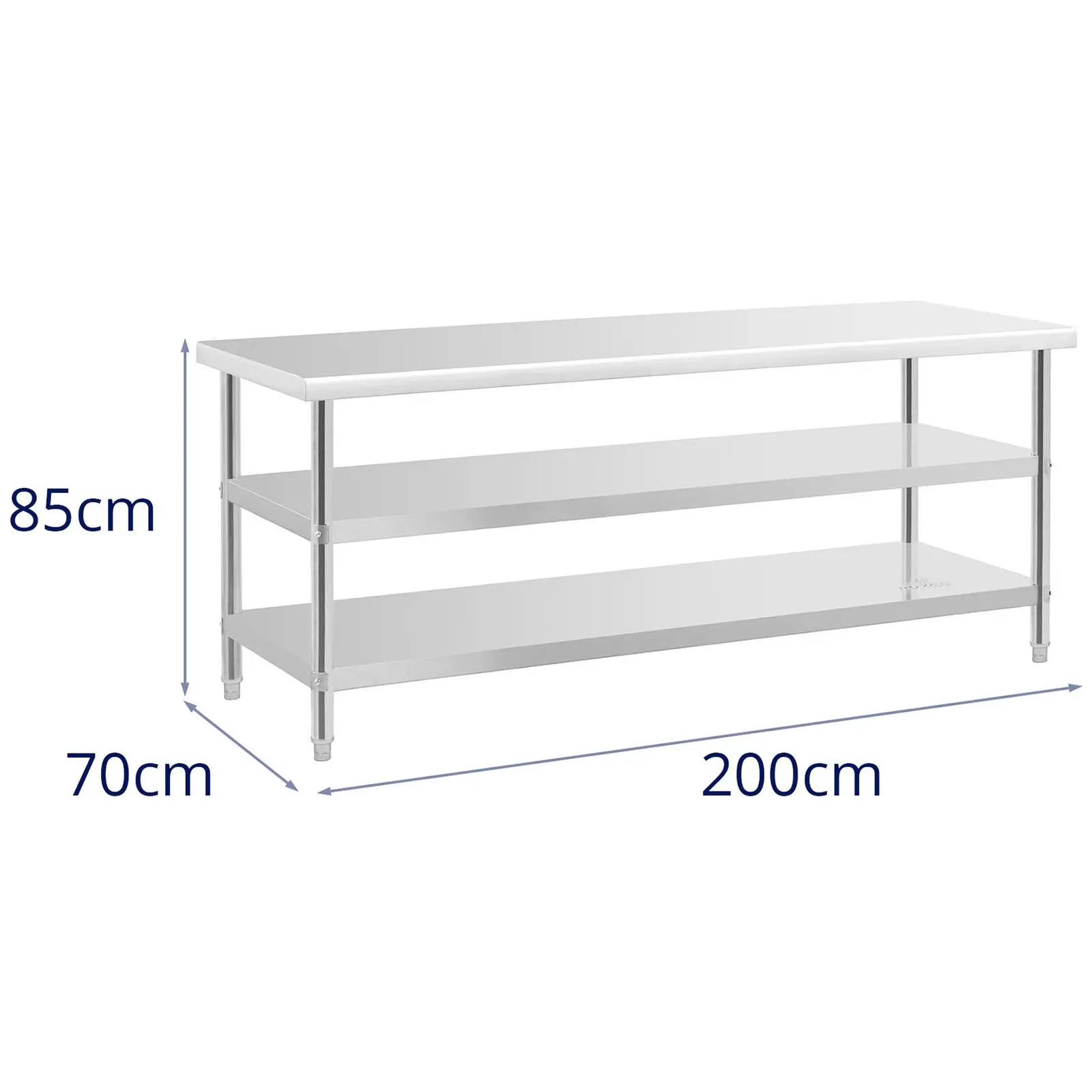 Pracovní stůl z ušlechtilé oceli - ECO - 200 x 70 cm - 231 kg - mezipolice - Royal Catering (Maximální odolnost dolní police: 48 kg)