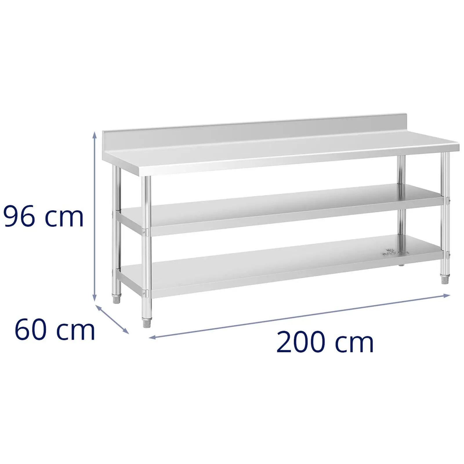 Stół ze stali nierdzewnej z półkami - 200 x 60 x 16.5 cm - 235 kg - 2 półki - Royal Catering