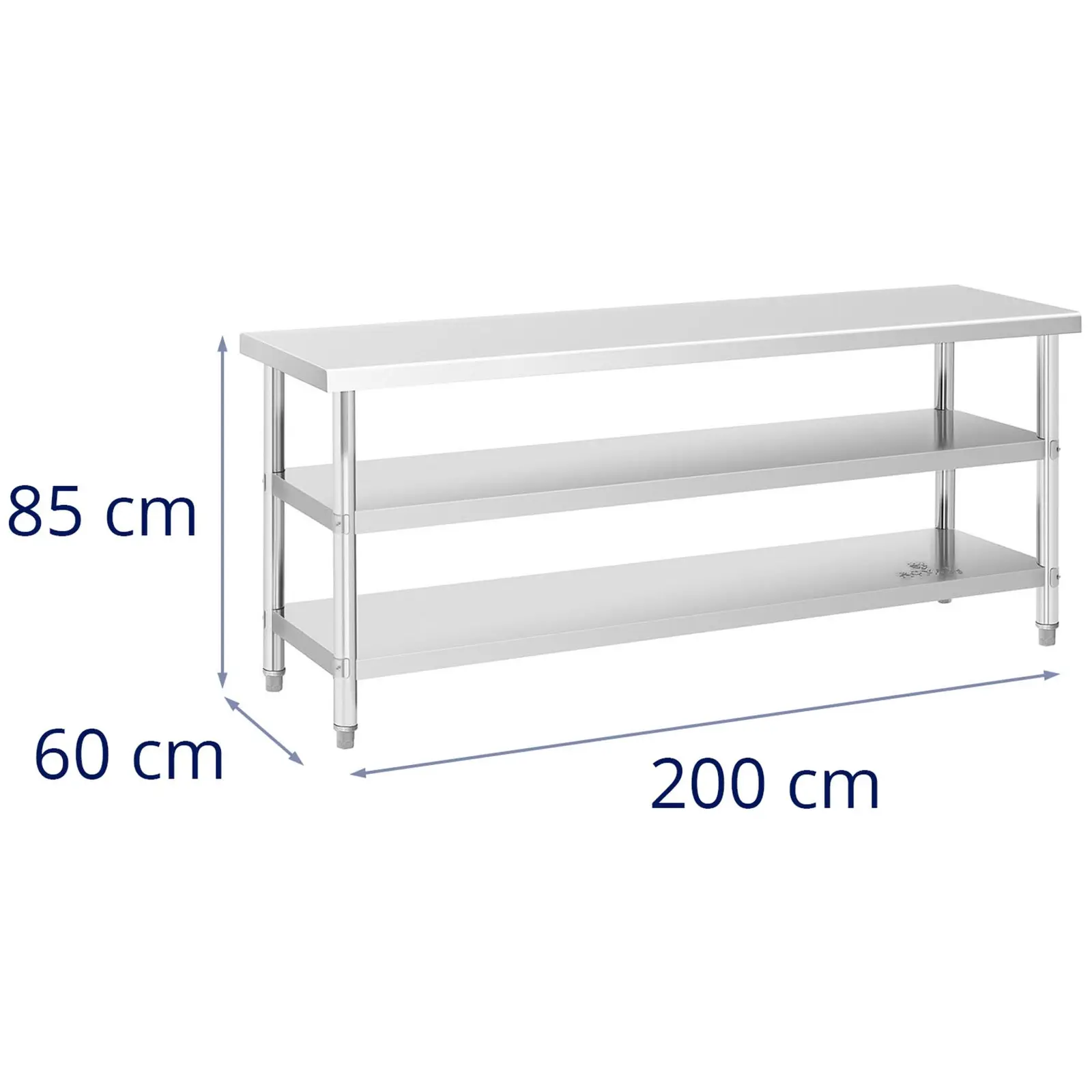 Pracovný stôl z nehrdzavejúcej ocele - 200 x 60 x 5 cm - 231 kg - 2 police 