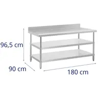Stainless steel table with backsplash - 180 x 90 x 16.5 cm - 231 kg - 2 shelves - Royal Catering