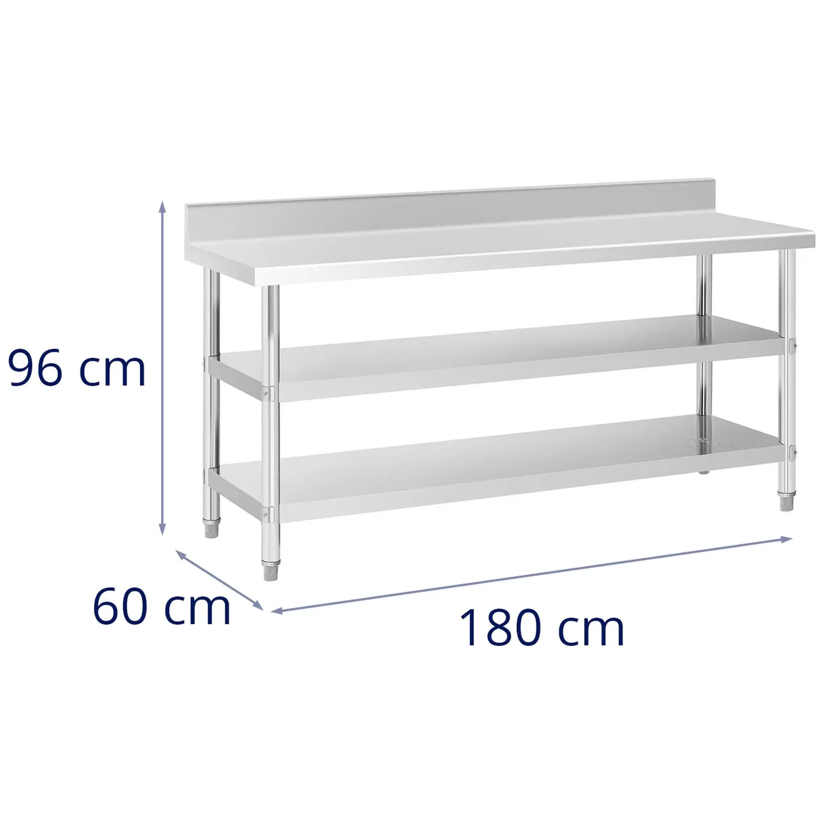 Pracovní stůl z ušlechtilé oceli - ECO - 180 x 60 cm - 226 kg - mezipolice - Royal Catering (Maximální odolnost dolní police: 48 kg)