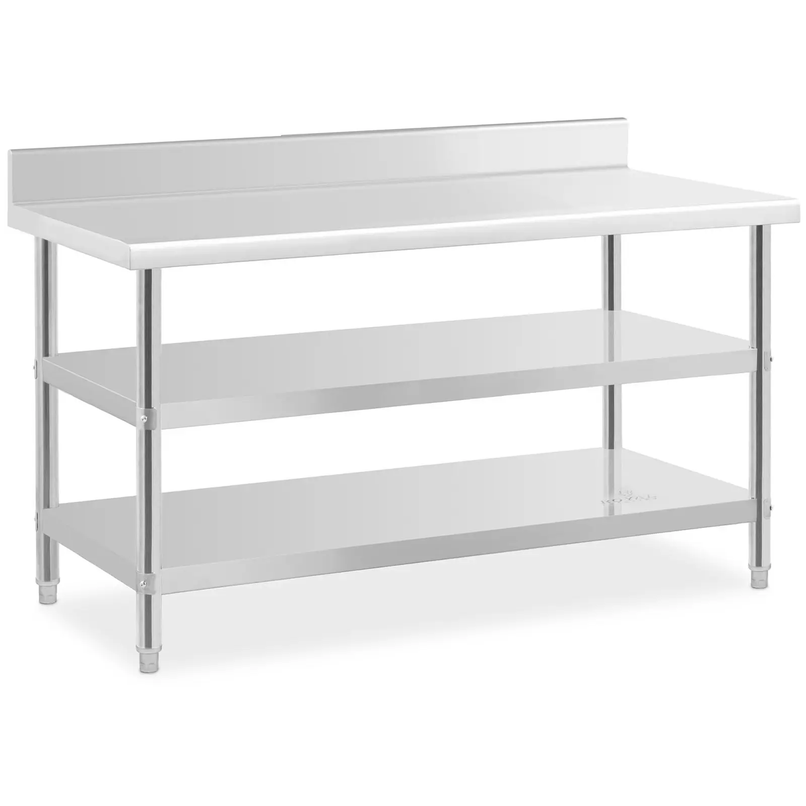 Stainless steel table with backsplash - 150 x 70 x 16.5 cm - 226 kg - 2 shelves - Royal Catering