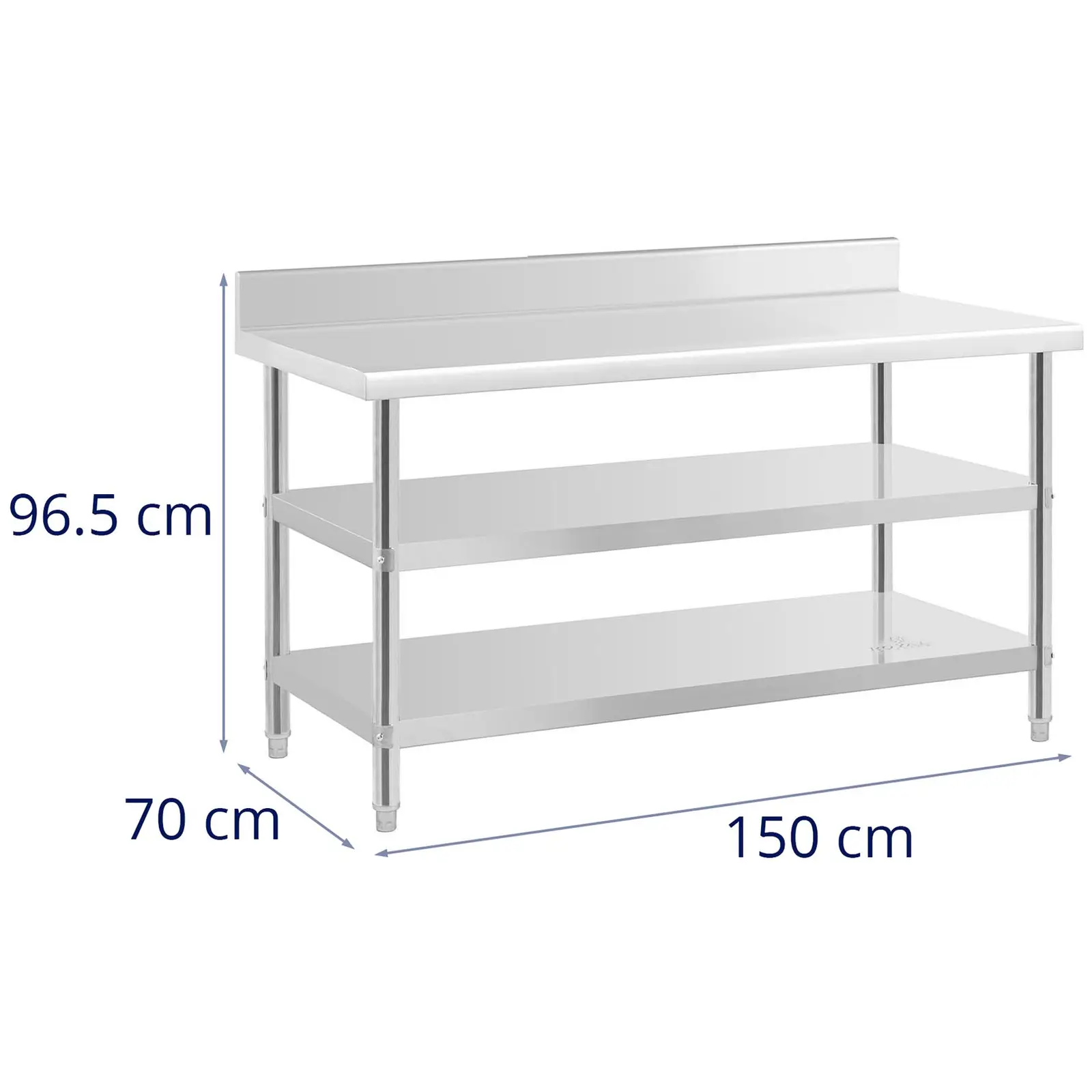 Pracovní stůl z ušlechtilé oceli - ECO - 150 x 70 cm - 226 kg - mezipolice - Royal Catering (Maximální odolnost dolní police: 48 kg)