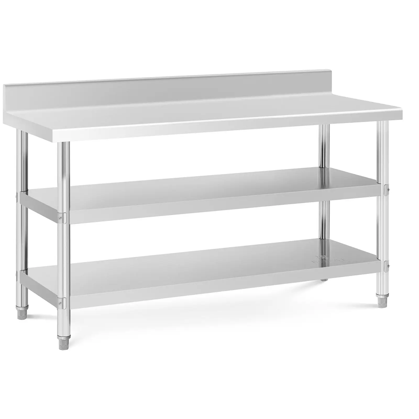 Rostfri arbetsbänk med skyddskant - 150 x 60 x 16.5 cm - 226 kg - 2 hyllor - Royal Catering