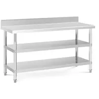 Stainless steel table with backsplash - 150 x 60 x 16.5 cm - 226 kg - 2 shelves - Royal Catering