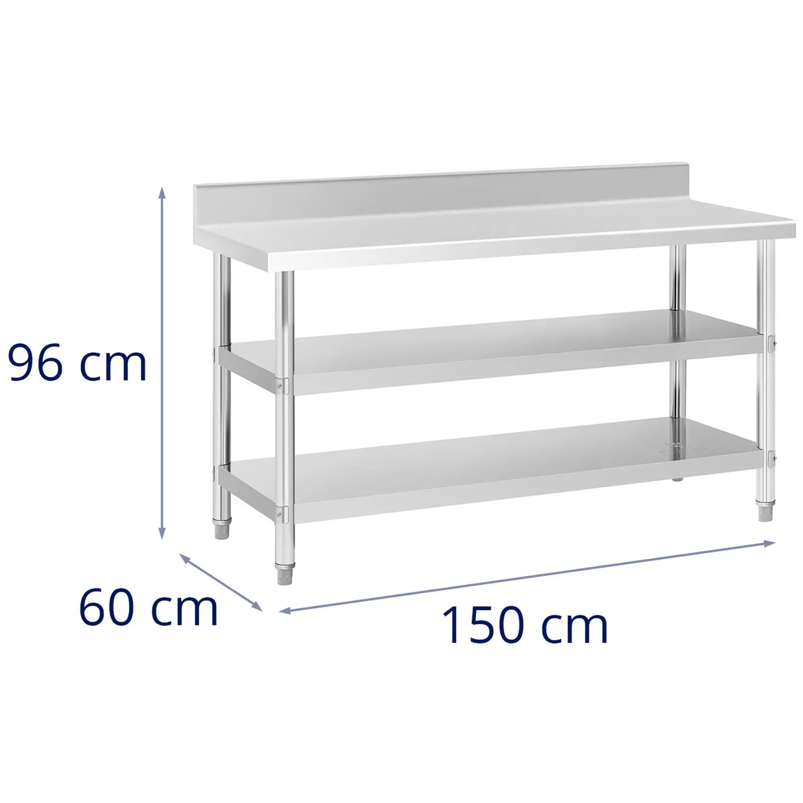 Stainless steel table with backsplash - 150 x 60 x 16.5 cm - 226 kg - 2 shelves - Royal Catering (Max. load of the bottom shelf: 48 kg)