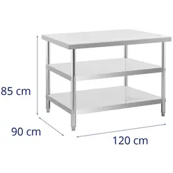 Stainless steel table - 120 x 90 x 5 cm - 209 kg - 2 shelves - Royal Catering