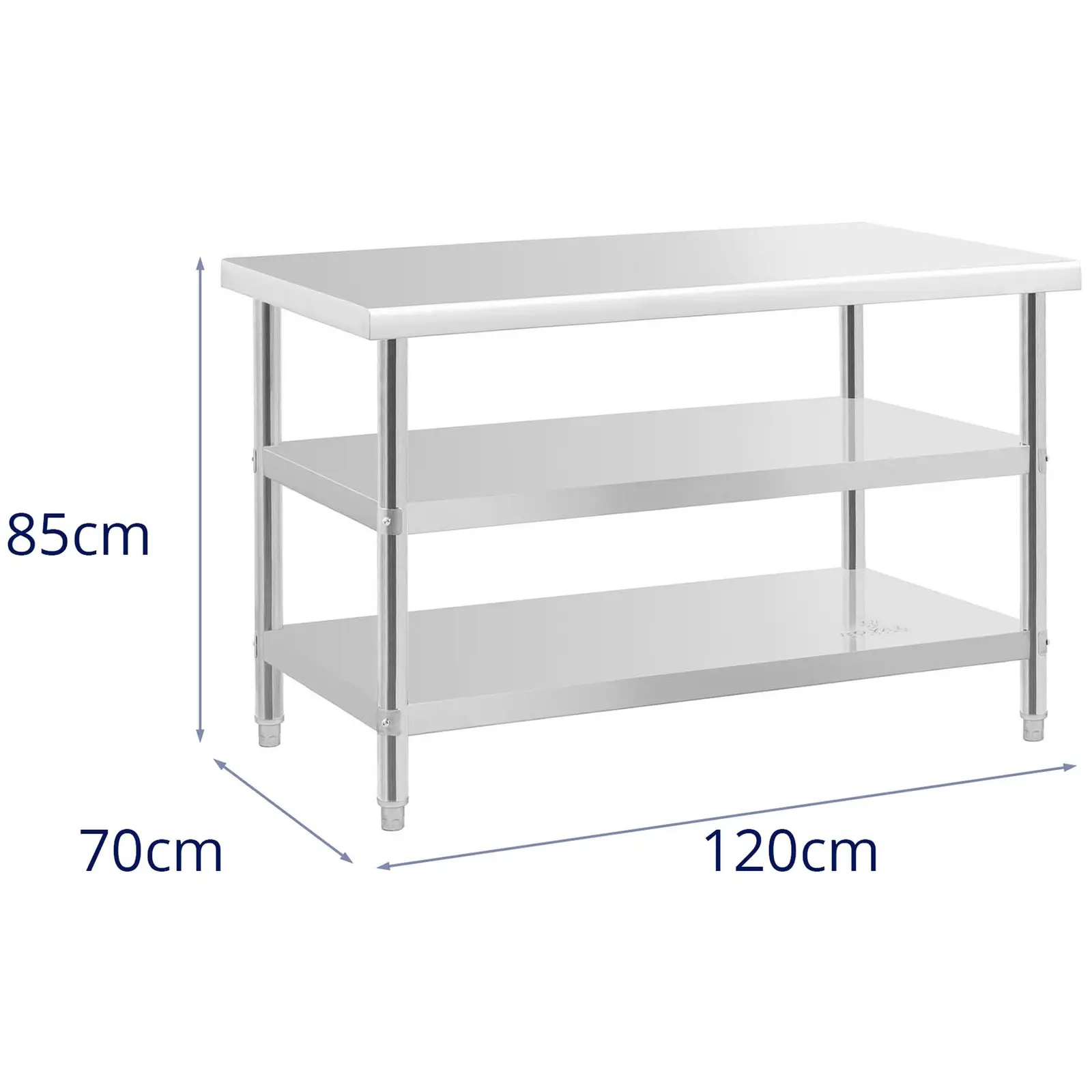 Miza iz nerjavečega jekla - 120 x 70 x 5 cm - 200 kg - 2 polici - Royal Catering