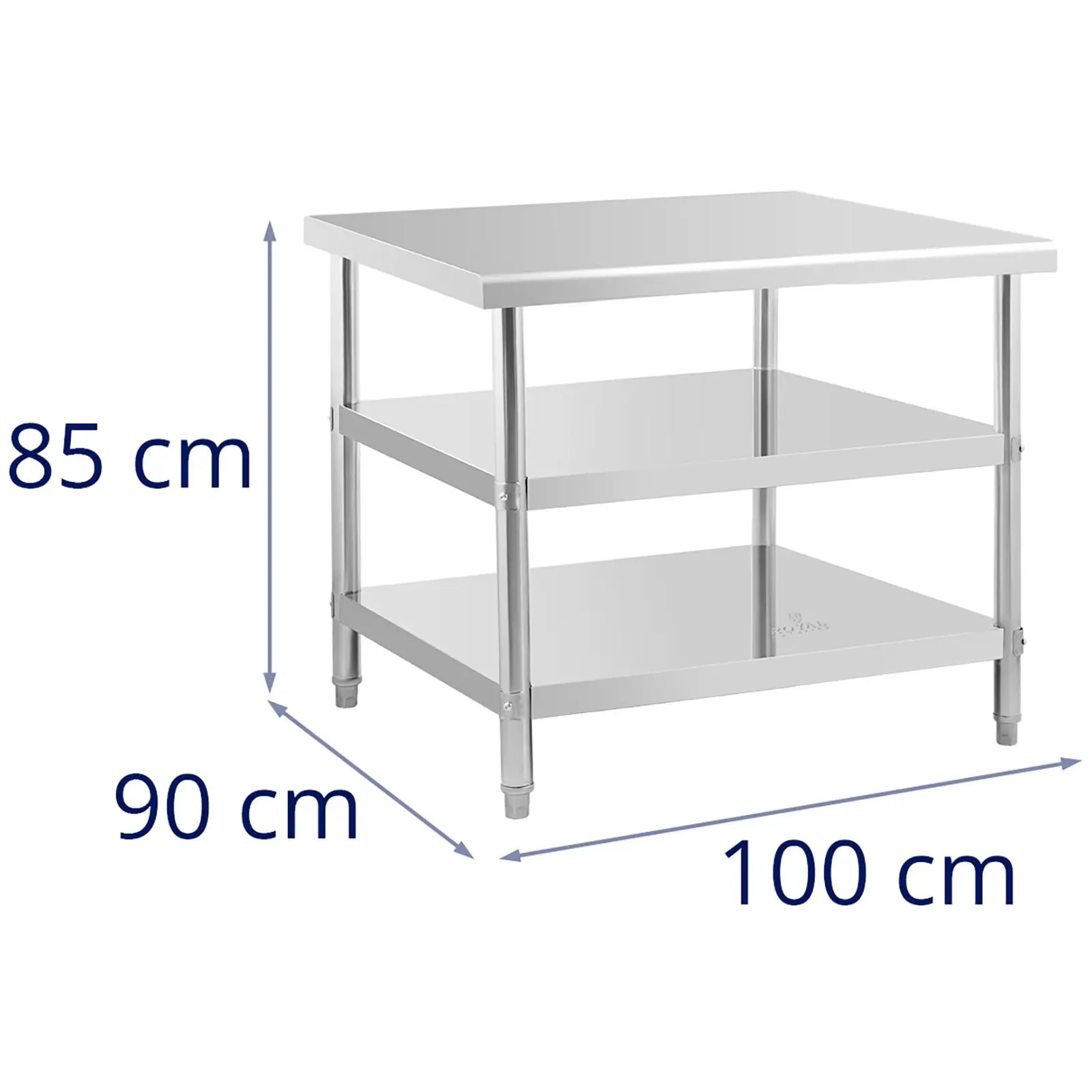 Pracovní stůl z ušlechtilé oceli - 100 x 90 x 5 cm - 195 kg - 2 police - Royal Catering