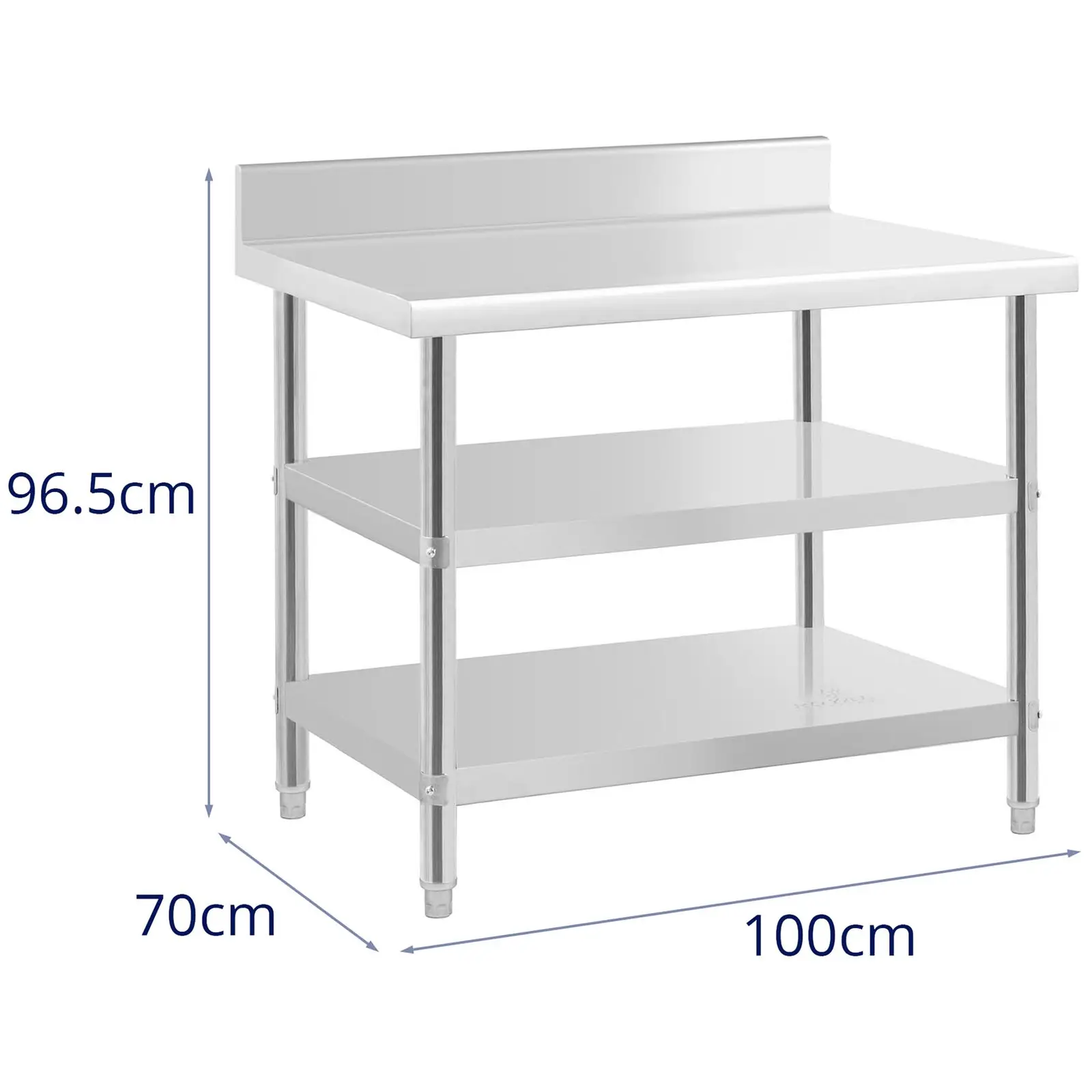 Pracovný stôl z nehrdzavejúcej ocele - s lemom - 100 x 70 x 16,5 cm - 226 kg - 2 police
