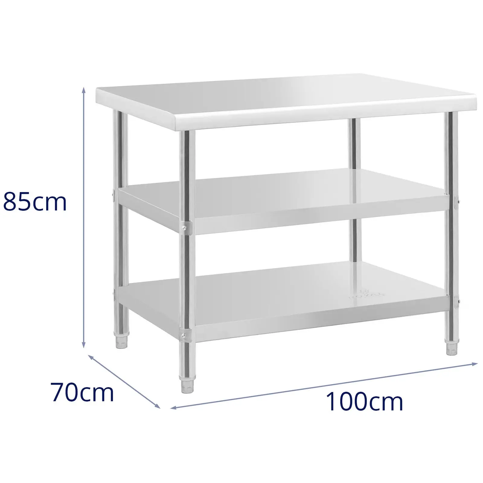 Pracovní stůl z ušlechtilé oceli - 100 x 70 x 5 cm - 190 kg - 2 police - Royal Catering