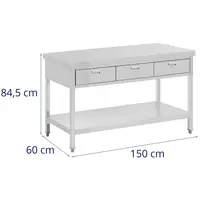 Stôl z nehrdzavejúcej ocele so zásuvkami - 150 x 60 cm - 295 kg