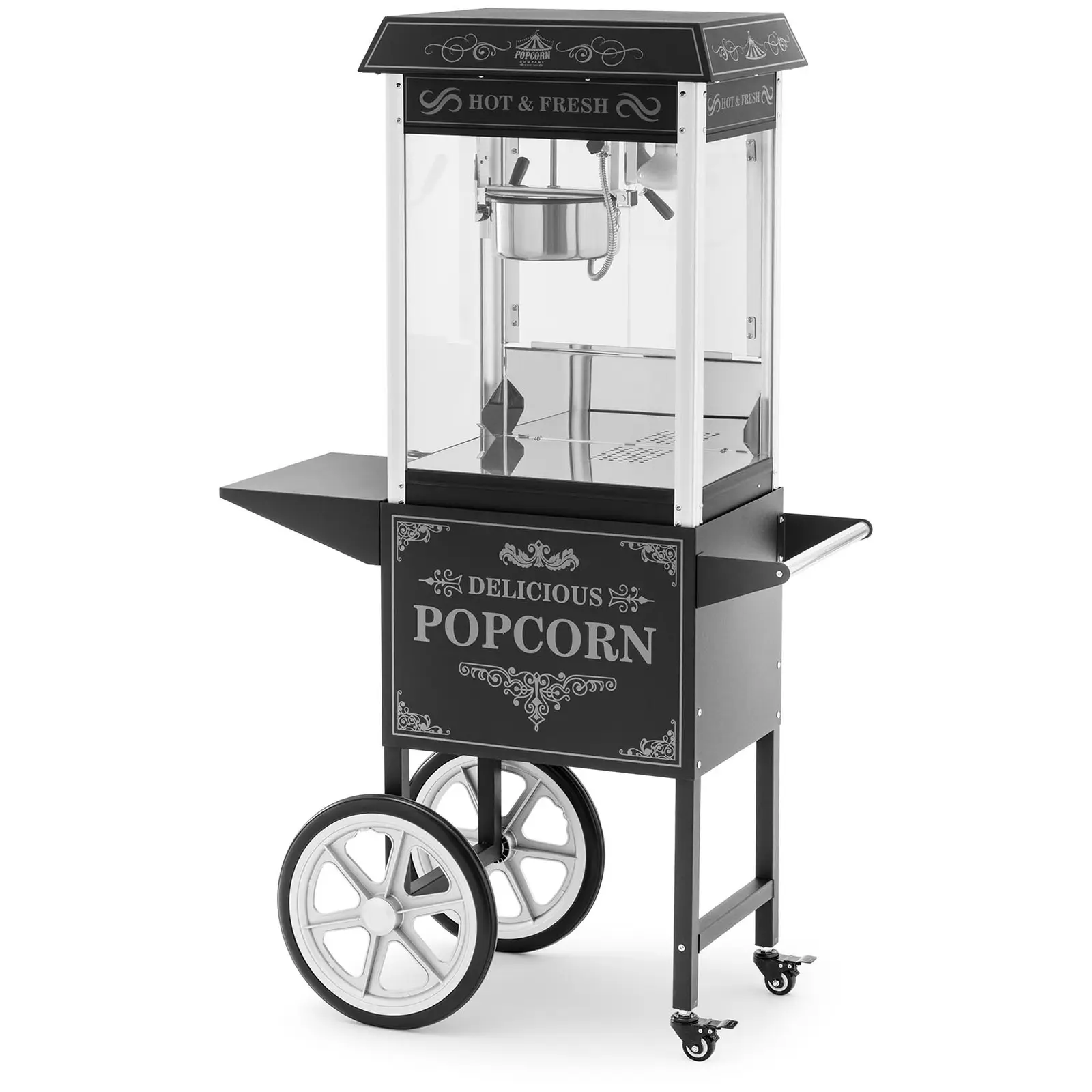 Popcornmaskine med vogn - retrodesign - 150 / 180 °C - sort - Royal Catering