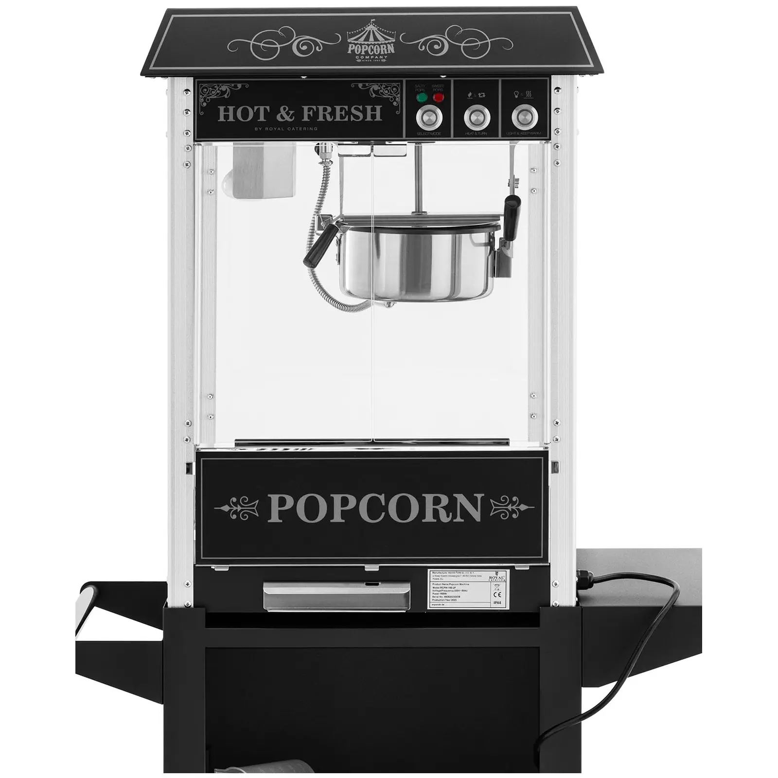 Popcorn gép - kocsival - retro design - 150 / 180°C - fekete - Royal Catering