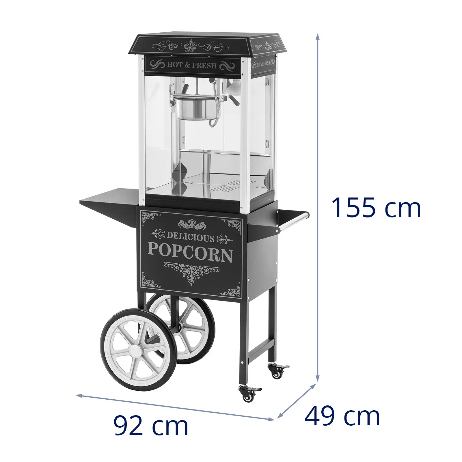 Machine à pop corn avec chariot - Design rétro - 195 / 235 °C - noir - Royal Catering (Tiroir ramasse-miette: Oui)