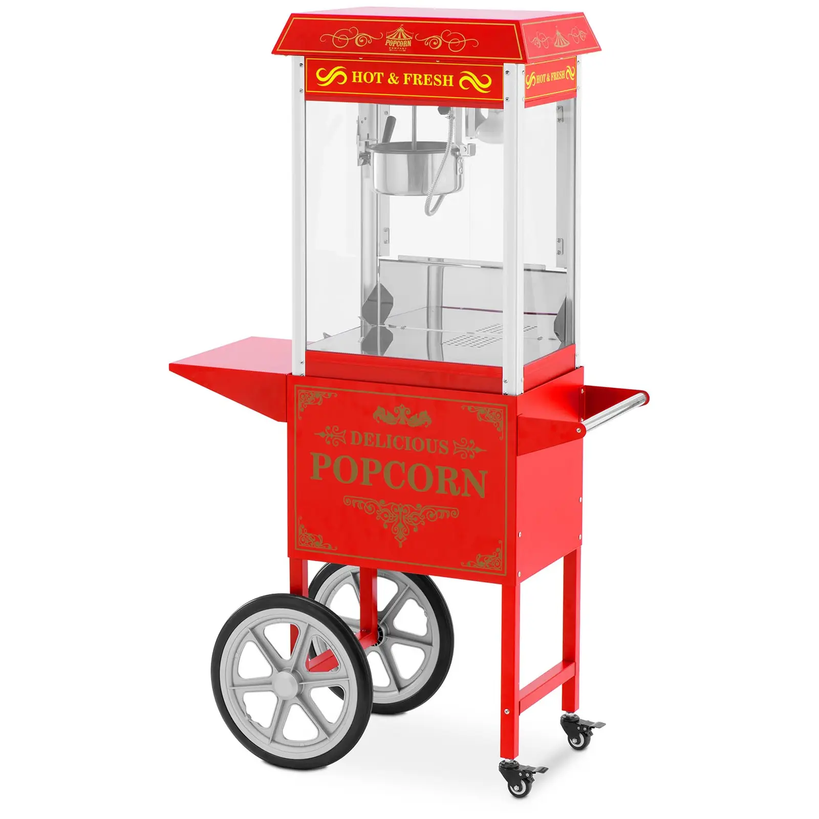 Stroj na popcorn s vozíkem - 1600 W - 5 kg/h - retro design - 195 / 235 °C - červený - Royal Catering