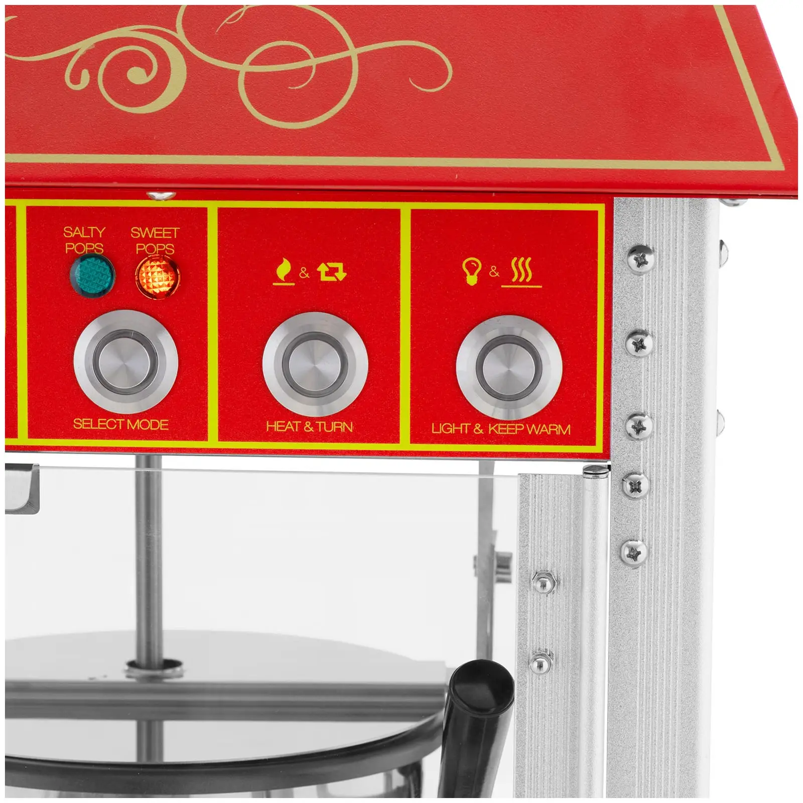 Stroj na popcorn s vozíkem - 1600 W - 5 kg/h - retro design - 195 / 235 °C - červený - Royal Catering (Vozík: Ano)